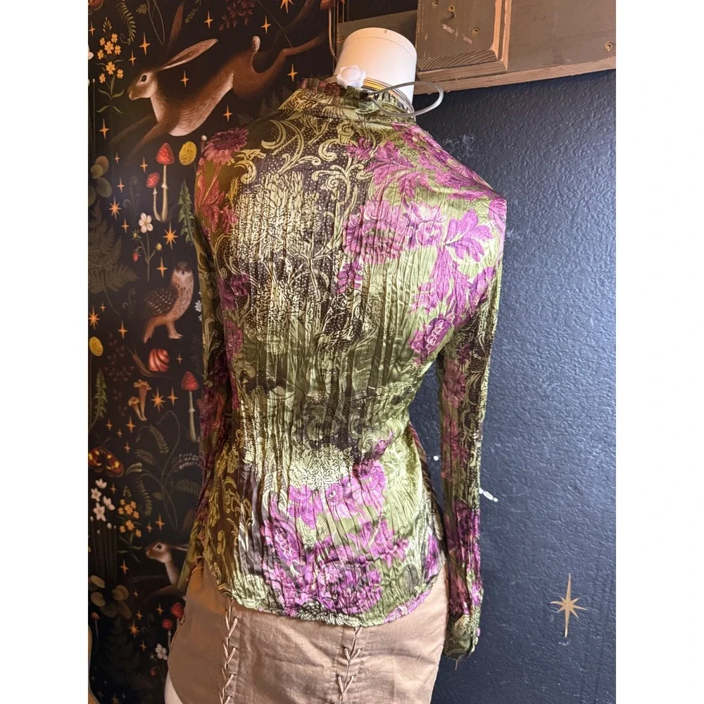 Agora Crinkle Pleat Floral Paisley Ruffle Blouse Olive Magenta Large